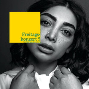 Ein Portrait einer jungen Frau mit einer Träne. Dazu der Text auf gelbem Hintergrund: "Freitagskonzert 5, Karfreitagskonzert"